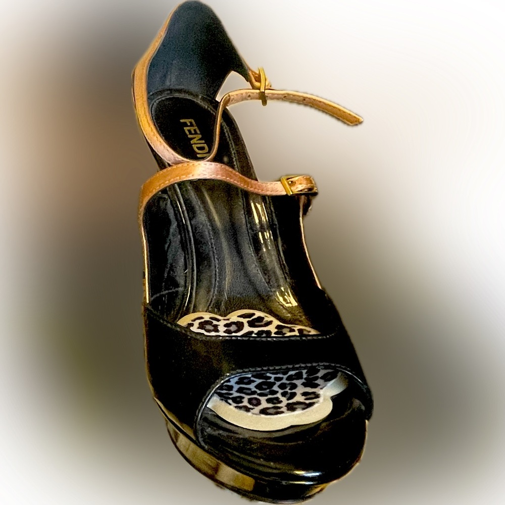 Fendi Black Patent Leather and Rose Silk Heels Size 5.5